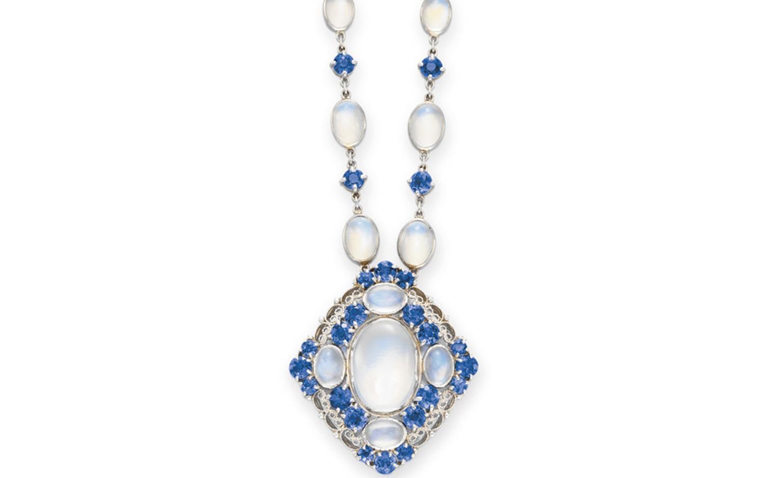 LOT 49 A MOONSTONE AND SAPPHIRE NECKLACE, BY LOUIS COMFORT TIFFANY, TIFFANY & CO. S circa 1915, 16½ ins. (backchain of later addition) By Louis Comfort Tiffany, signed Tiffany & Co. Estimate $10,000-$15,000 SOLD FOR $40,000