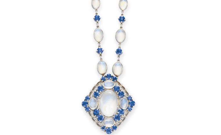 LOT 49 A MOONSTONE AND SAPPHIRE NECKLACE, BY LOUIS COMFORT TIFFANY, TIFFANY & CO. S circa 1915, 16½ ins. (backchain of later addition) By Louis Comfort Tiffany, signed Tiffany & Co. Estimate $10,000-$15,000 SOLD FOR $40,000