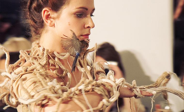 From Central Saint Martin's BA Jewellery Catwalk Show of sustainable jewellery. Designer: Charlotte Le Hardy, made from knitted wood, wire and a dead bird. Photo: Sam Davies