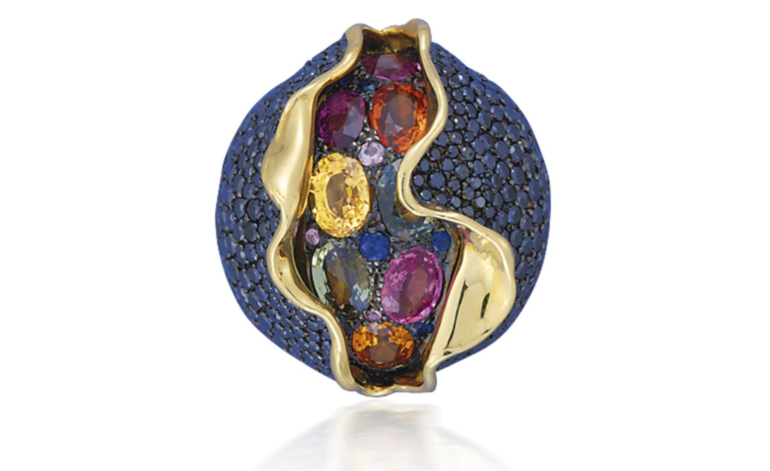 Lot 93 (3). An unusual suite of coloured diamond and coloured sapphire 'Craquele' jewellery, by Andre Marcha. Comprising a hinged bangle, ear clips and a ring. Estimate 50,000 - 60,000 U.S. dollars.