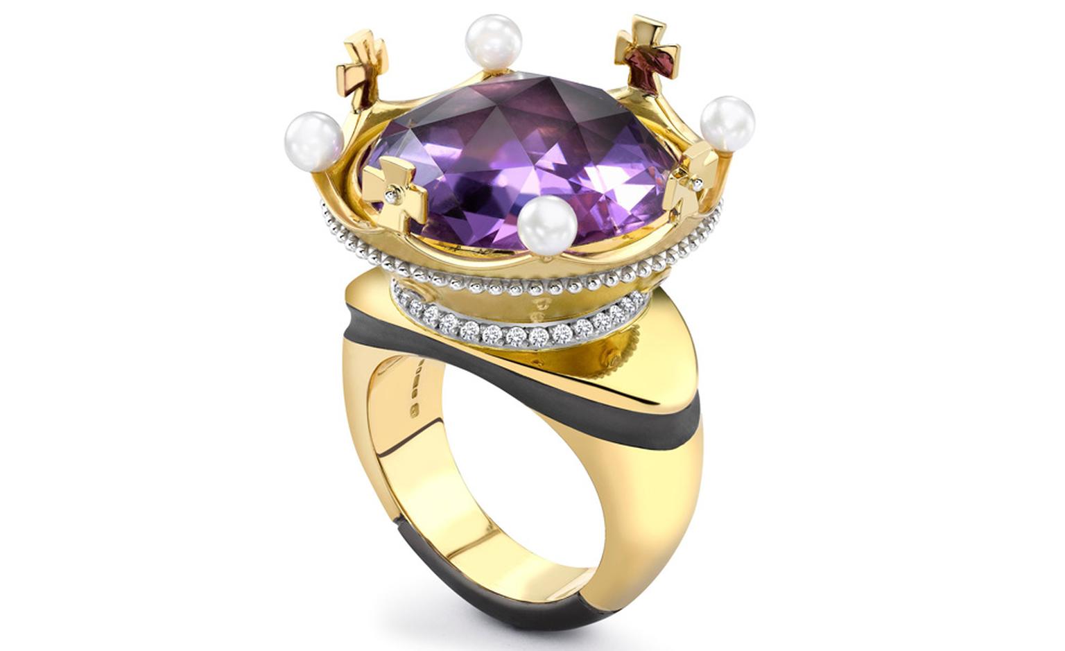 Theo Fennell 18ct Yellow & White Gold Amethyst, Diamond and Pearl Coronet Ring £12,500