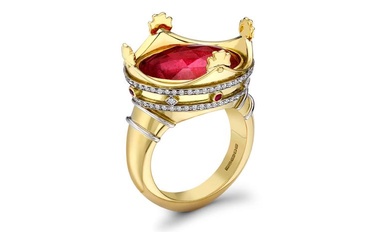 Theo Fennell 18ct Yellow & White Gold Rubelite, Diamond and Pink Sapphire Coronet Ring £12,750