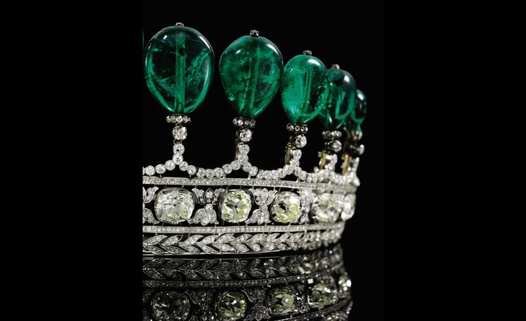 EEmerald tiara circa 1900 coming up for sale at Sotheby's Geneva May 17 Auction, from the collection of Princess Katharina Henckel von Donnersmarck and one of the most important tiaras to come to auction in 30 years. The emeralds are Columbian a...