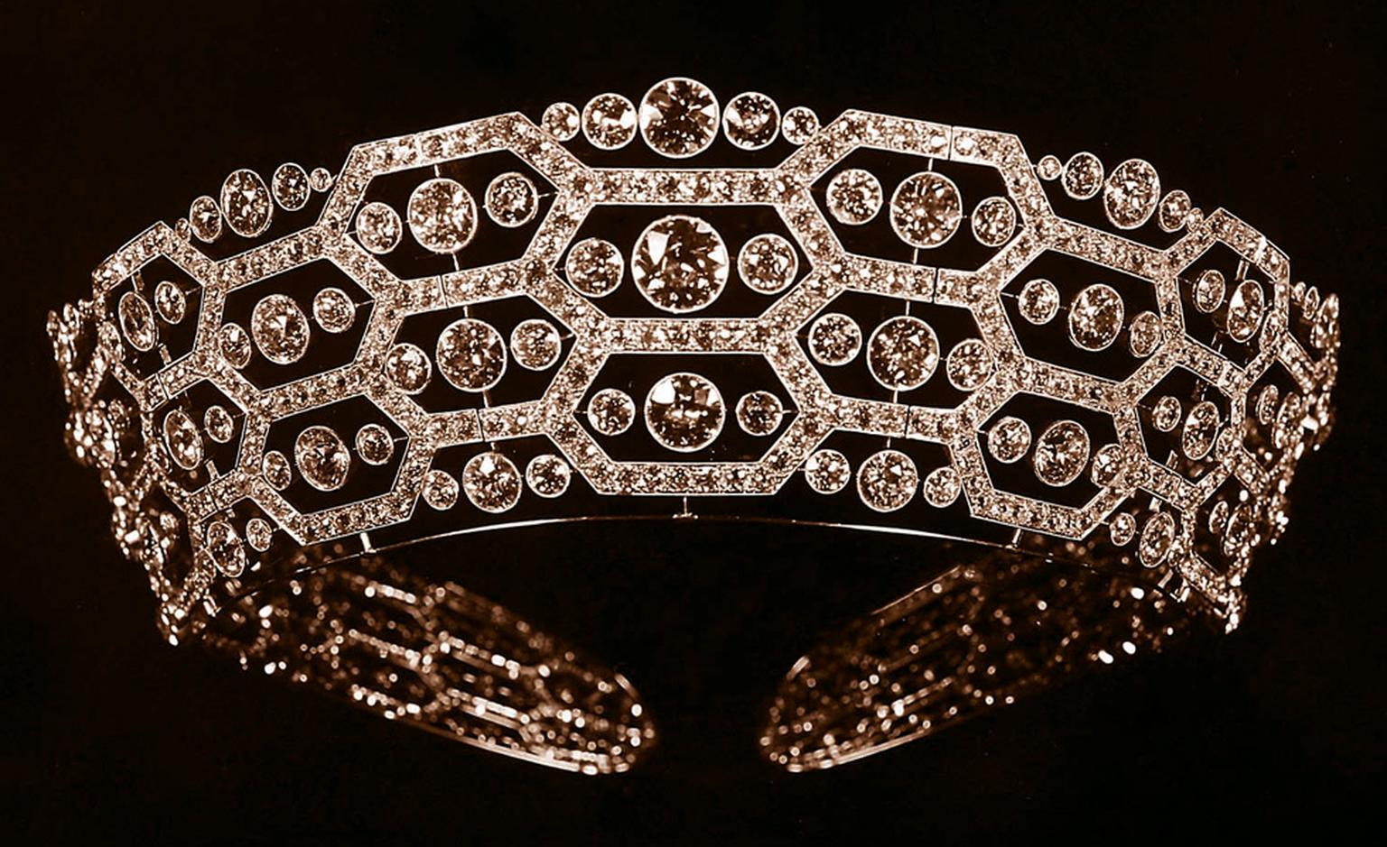 Boucheron second version of the Lady Greville Tiara redesigned in 1921 and later inherited to the Queen Mother in 1942. It was since modified and worn by Camilla, Duchess of Cornwall in 2006.