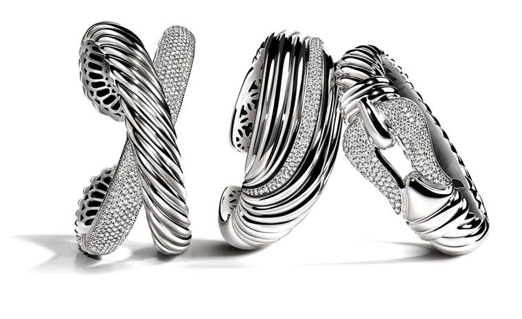 DAVID YURMAN, Pave X Cuff, $3,500; Pave Diamond Sculpted Cable Cuff, $3,500; Pave Diamond Cable Buckle Bracelet, $4,950