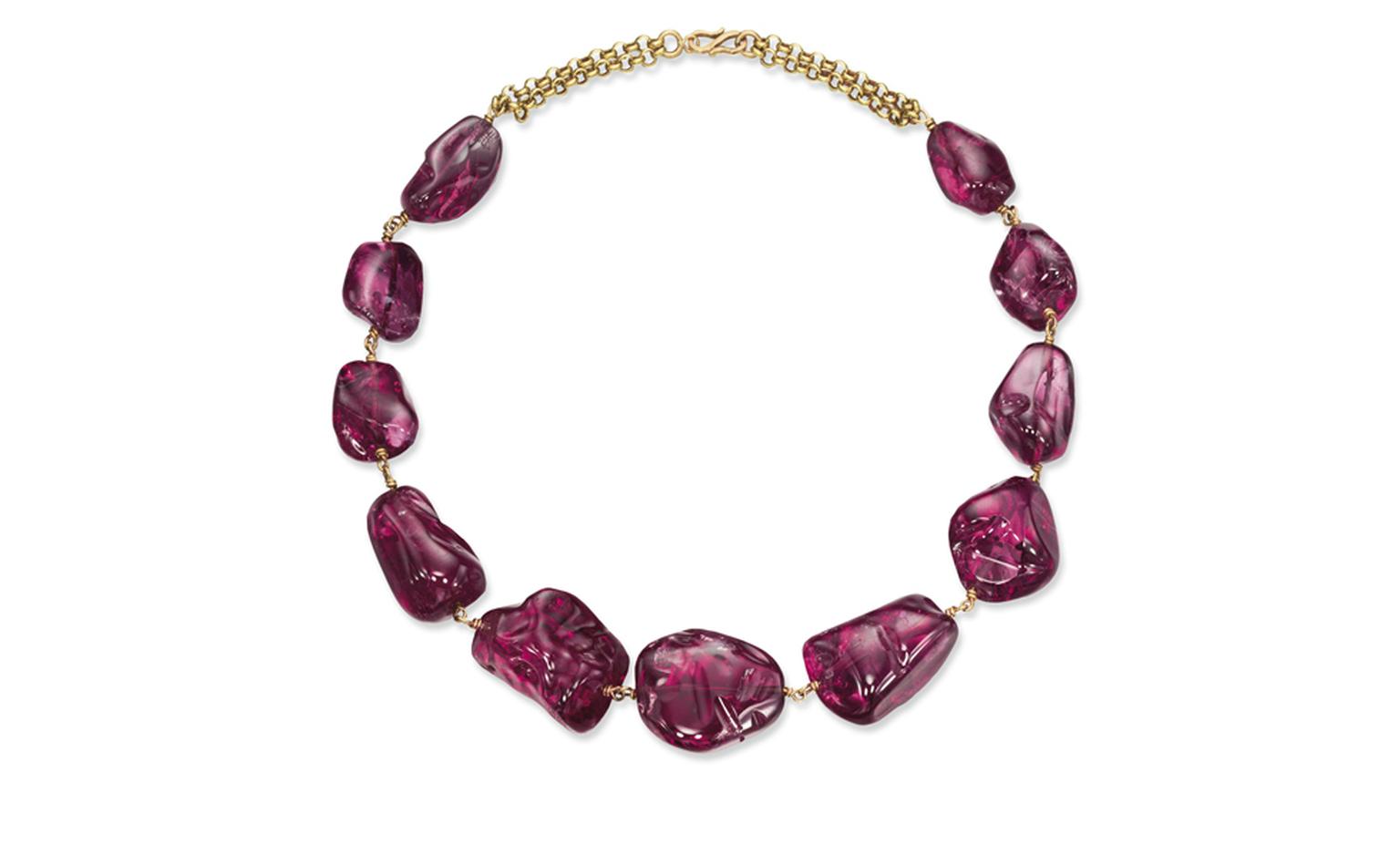 Lot 306. An imperial Mughal Spinel Necklace. With eleven polished spinels, yellow gold link backchain and hook clasp. Estimate CHF 1,450,000 - CHF 2,400,000 SOLD FOR CHF 4,579,000