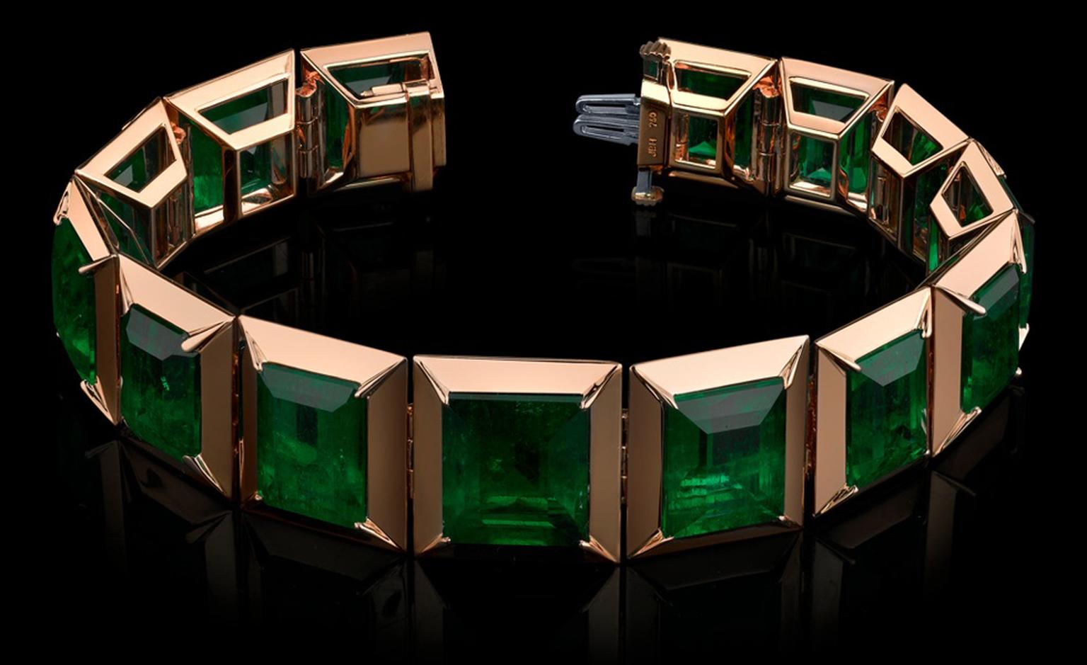 Style of Jolie Emerald Bracelet from her developed with jeweller Robert Procop. The bracelet features 14 Columbian green emeralds.