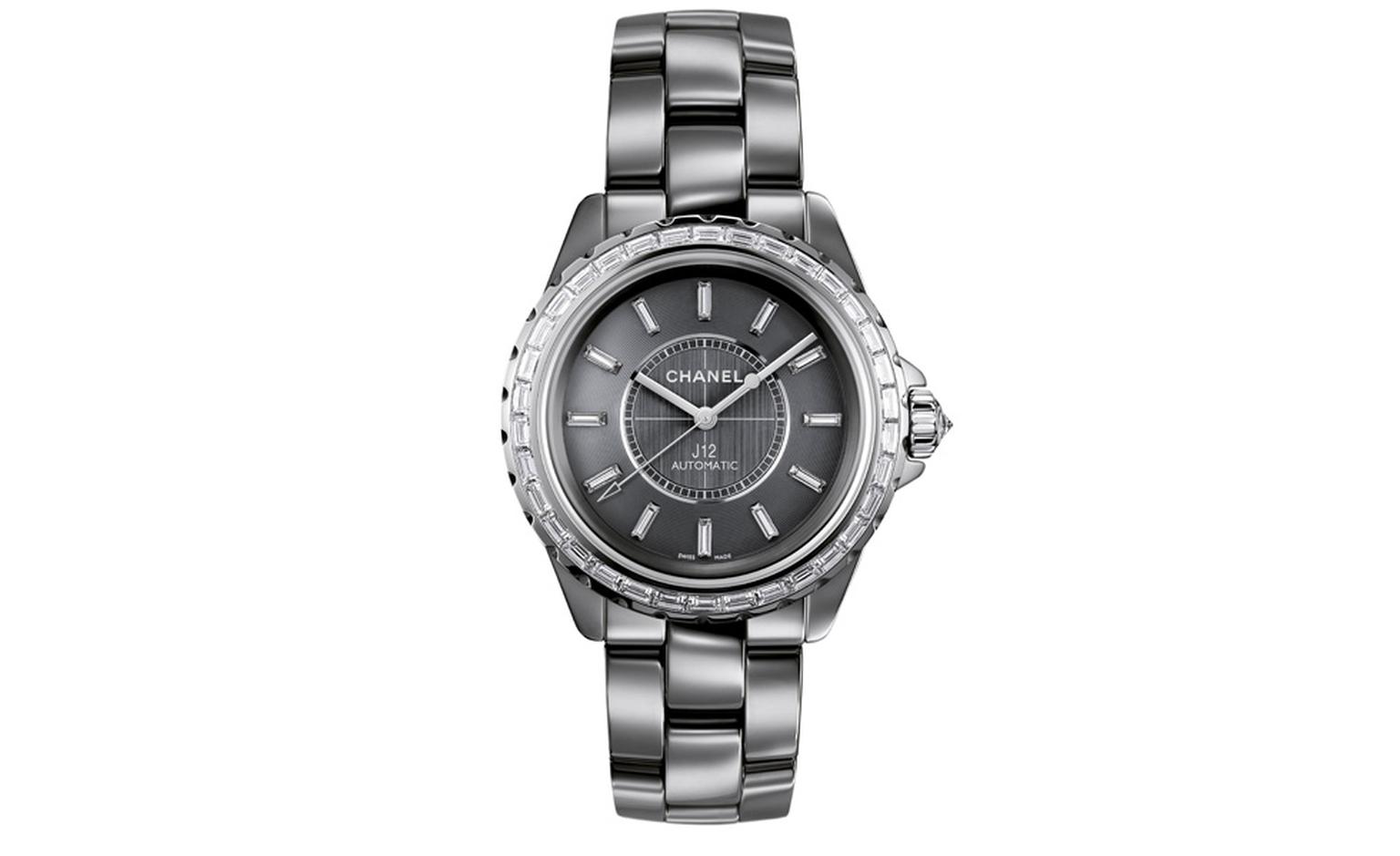 Chanel J12 Chromatic watch in titanium ceramic. 34 baguette-cut diamonds. Dial set with 12 baguette-cut diamond indicators . Brilliant-cut diamond crown. Self-winding mechanical movement. 42-hour power reserve. Functions: hours, minutes, seconds...