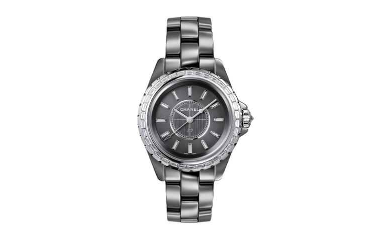 Chanel J12 Chromatic watch in titanium ceramic. 18-karat white gold bezel, crown and hands. 34 baguette-cut diamonds. Dial set with 12 baguette-cut diamond indicators. Brilliant-cut diamond crown. High-precision quartz movement. Functions: hours...