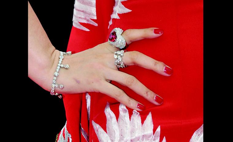 CANNES, FRANCE - MAY 11:  Detail photo of Cartier jewelry worn by actress Fan Bing Bing as she attends the Opening Ceremony at the Palais des Festivals during the 64th Cannes Film Festival on May 11, 2011 in Cannes, France.  (Photo by Pascal Le ...