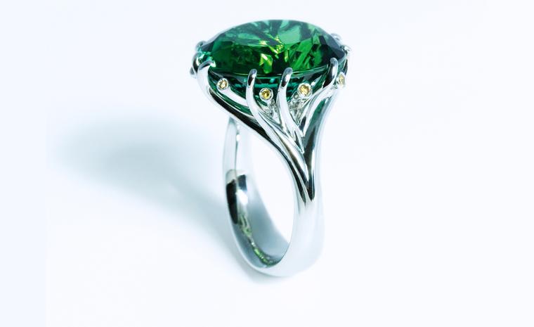 JON DIBBEN, 'Meadow' ring set with  a green tourmaline and yellow diamonds