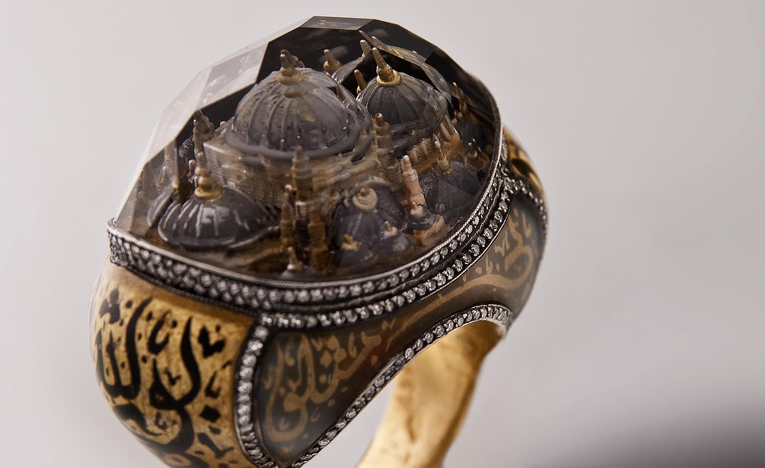 Sevan Biçakçi ring showing a range of techniques including intaglio carving and calligraphy.