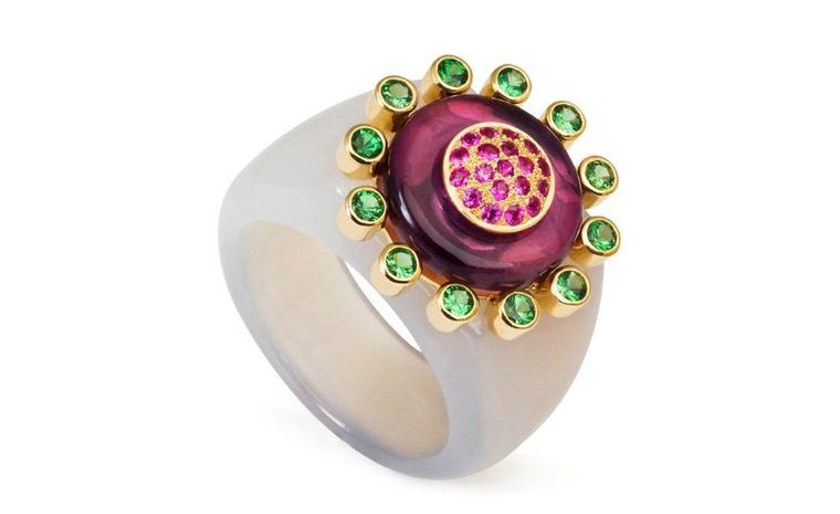 Amanda Brighton Princess of the Woods agate ring set with tsavorite, amethyst and hot pink sapphires. £2,300