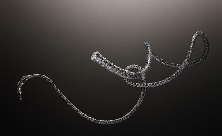 Showstopper: Hermès Fouet necklace in platinum with diamonds. The tip of the whip sits very low down the decolleté.