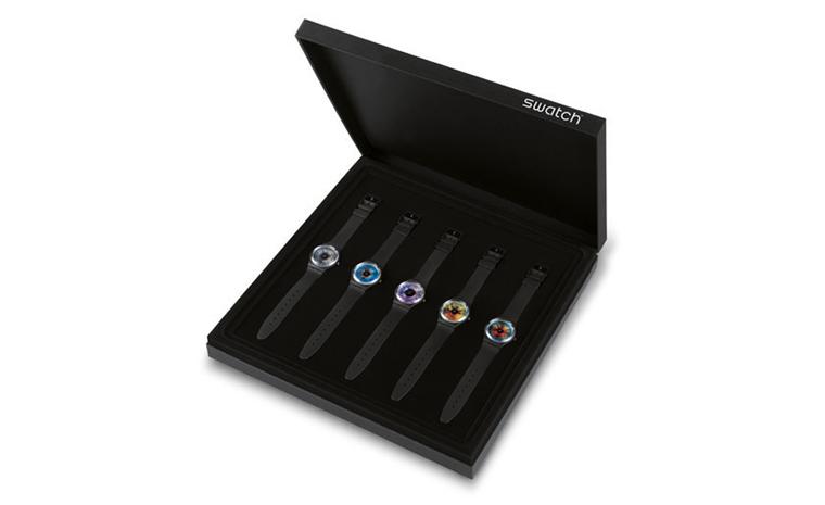 The box set of five Swatch Rankin watches that are part of the Swatch Art family. The 777 boxes sell for £190.50