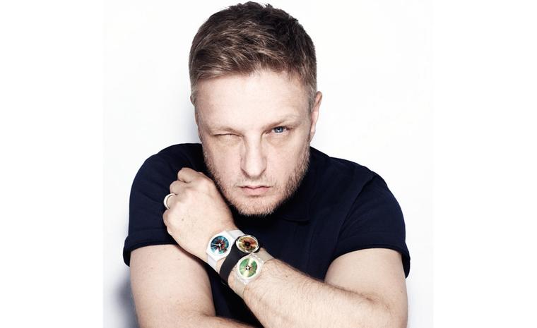 The man himself, Rankin. Wearing a selection of his watches featuring close ups of human irises.