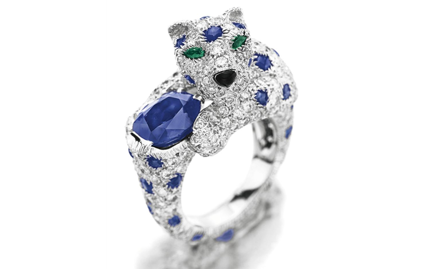 Lot 78. A diamond sapphire and emerald ''panther'' ring, by Cartier. Estimate 20,000 - 30,000 U.S. dollarsLot 78. A diamond sapphire and emerald ''Panther'' ring, by Cartier. Estimate 20,000 - 30,000 U.S. dollars. SOLD FOR $122,500