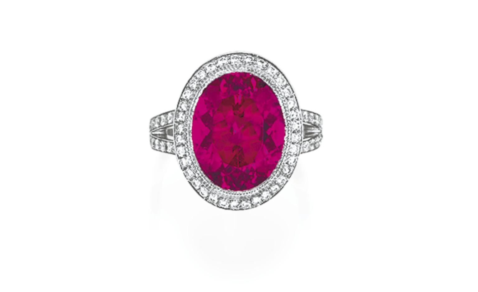 Lot 96. A rubalite tourmaline and diamond ring, by Tiffany & Co. Estimate 2,000 - 3,000 U.S. dollars. SOLD FOR $7,500