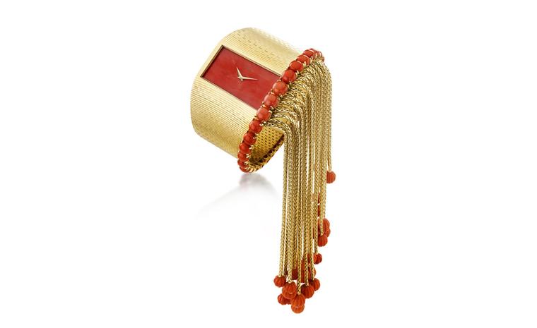 Yellow gold and red coral watch by Piaget made in 1974 with the Piaget ultra-thin Calibre 9P movement.
