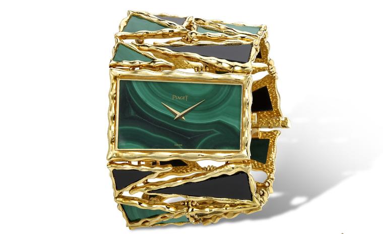 Piaget 1970 Cuff in yellow gold cuff watch with malachite dial and malachite and onyx bracelet. Piaget ultra-thin mechanical movement 9P. Piaget Private Collection.