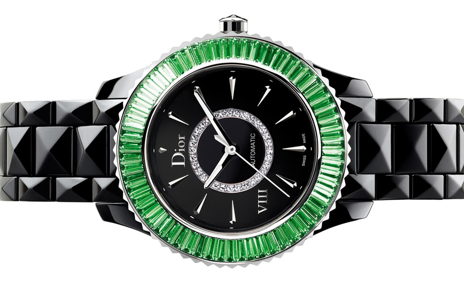 Dior VIII 33mm automatic watch set with green baguette-cut tsavorite garnets.