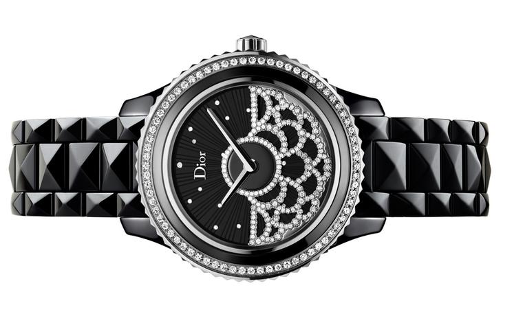 Dior VIII Grand Bal watch number 2, with a diamond-set on the dial of the watch that twirls like a ball gown in motion. The bezel and strap are made of black hi-tech ceramic.
