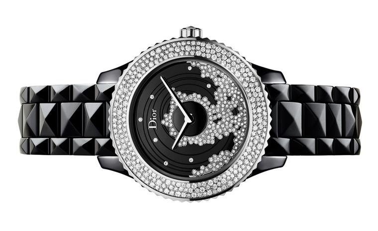 Dior VIII Grand Bal 4 watch with a diamond-set on the dial of the watch that twirls like a ball gown in motion. This automatic movement has been specially developed for Dior and features the rotor on the dial.