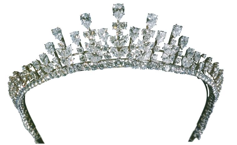 Van Cleef & Arpels Grace Kelly diademe that Princess Grace wore to her daughter Caroline's wedding to Philippe Jugnot in 1978.  Platinum set with pear-shaped diamonds, marquise-shaped diamonds and round diamonds, weighing 77.34 carats. Today thi...
