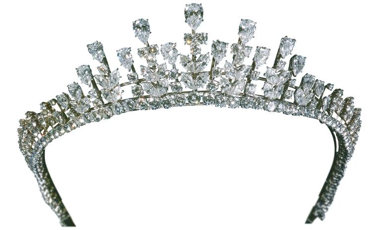 Van Cleef & Arpels diamond tiara that Princess Grace wore at the wedding of her daughter Caroline to Philippe Jugnot in 1978.  Platinum set with pear-shaped diamonds, marquise-shaped diamonds and round diamonds, weighing 77.34 carats. Today this...