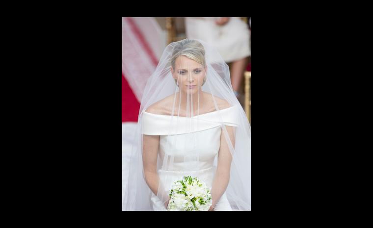 Her Serene Highness Princess Charlene in her Armani gown and a diamond hair jewel at the nape of her neck. Photo: Prince's Palace Monaco