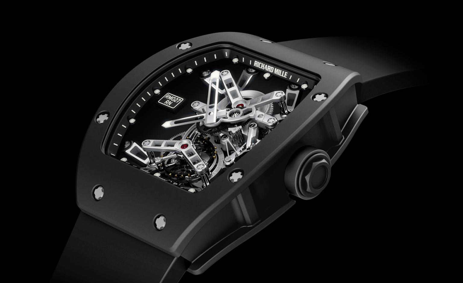 The Richard Mille RM 027 Tourbillon that Rafael Nadal is wearing on wrist when he plays tennis, including the Wimbledon 2011 final against Novak Djokovic.