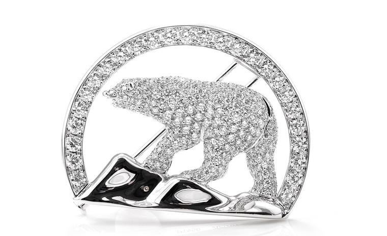 The polar bear brooch given to the Duchess of Cambridge by the the Northwest Territory and its people featuring the region's official logo. The diamonds from the Diavik mine in the Northwest Territories.