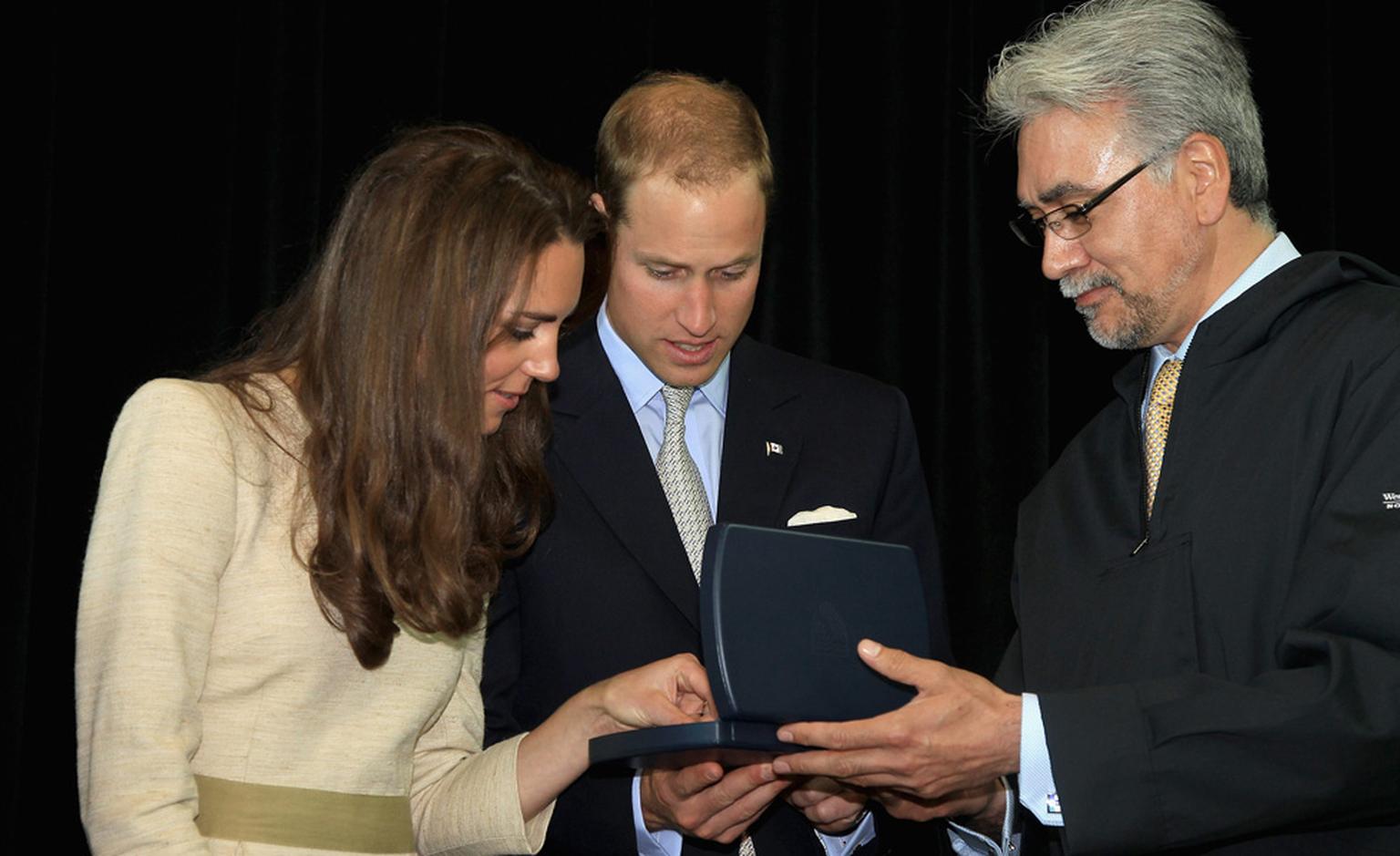 The Duke and Duchess of Cambridge are presented with diamond jewels by Northwest Territories Premier Floyd K Rowland.