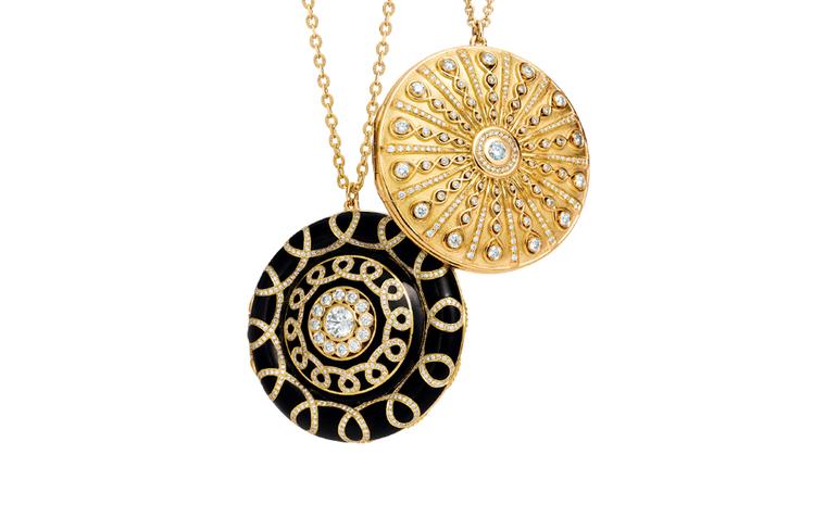 TIFFANY, Gold lockets (from left) black enamel and diamonds. Left price from $33,500, right price from $35,000