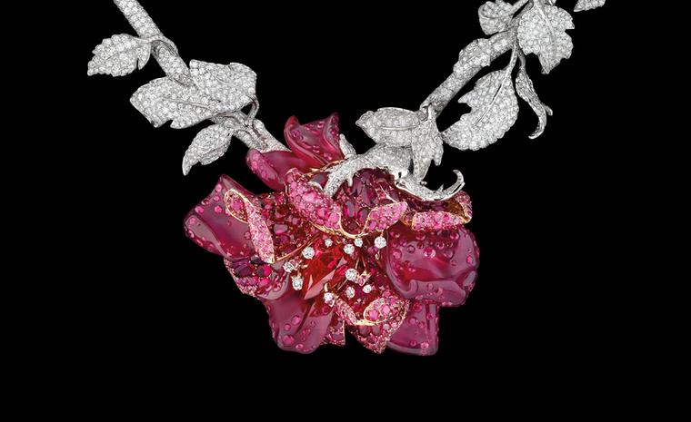 DIOR FINE JEWELLERY LE BAL DES ROSES BAL DE MAI NECKLACE WHITE AND YELLOW GOLD, DIAMONDS, FANCY BROWN DIAMOND, FANCY PINK, LILAC AND MAUVE DIAMONDS, PINK OPAL AND EMERALDS.