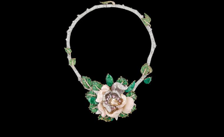 Dior Fine Jewellery Le Bal des Roses, Bal de Mai necklace in white and yellow gold with diamonds, fancy brown diamond, fancy pink, lilac and mauve diamonds, pink opals and emeralds.