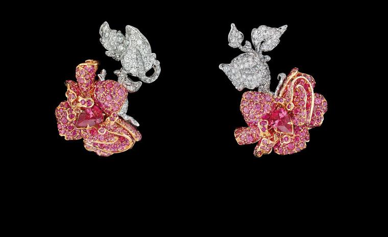 DIOR FINE JEWELLERY LE BAL DES ROSES BAL DE L'OPERA EARRINGS WHITE AND PINK GOLD, DIAMONDS, SPINELS AND RUBIES.