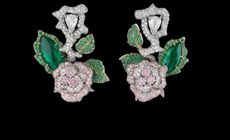 Dior Fine Jewellery Le Bal des Roses, Bal de Mai earrings in white and yellow gold with diamonds,  fancy pink, lilac and mauve diamonds and emeralds.
