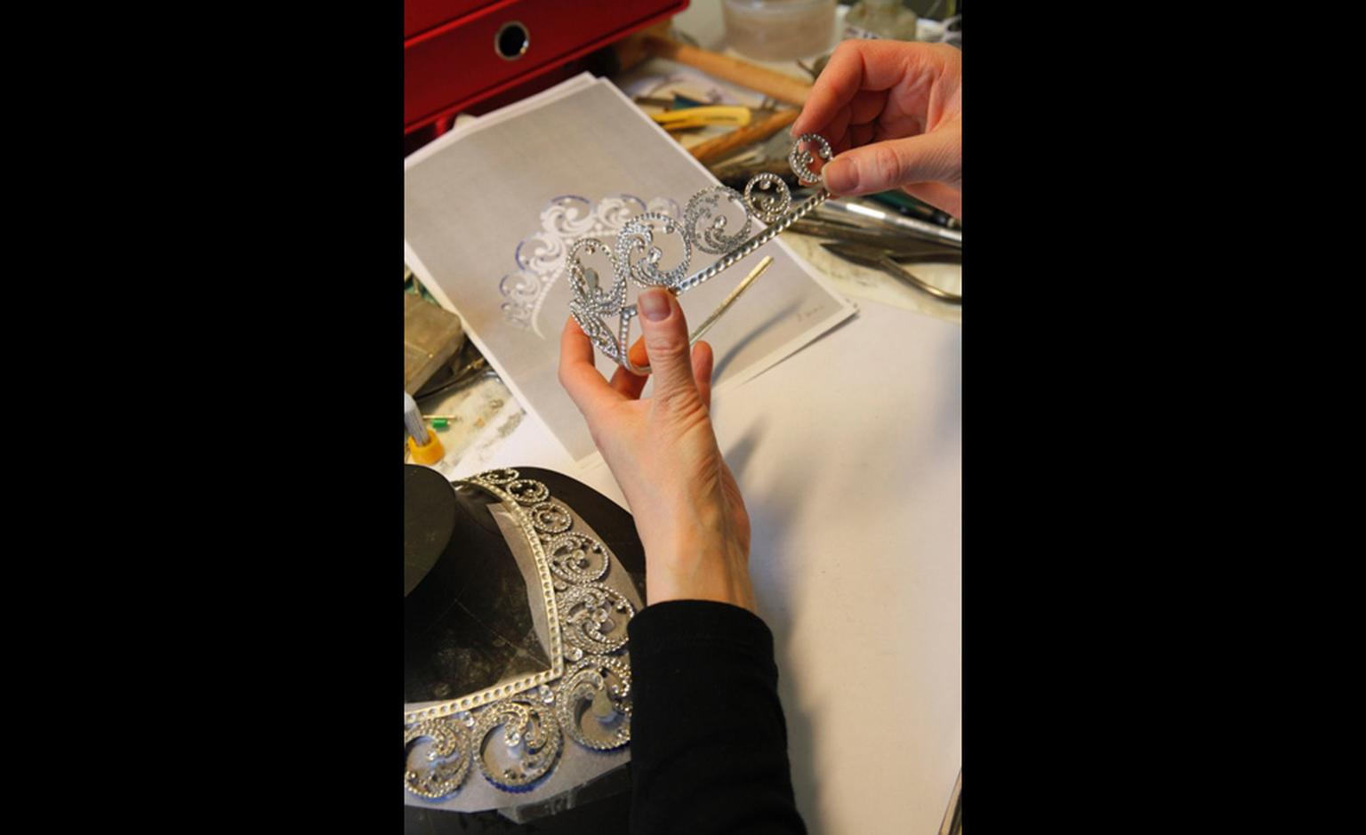 Van Cleef & Arpels Ocean necklace/tiara in the workshop showing the mock up compared to the original sketch.