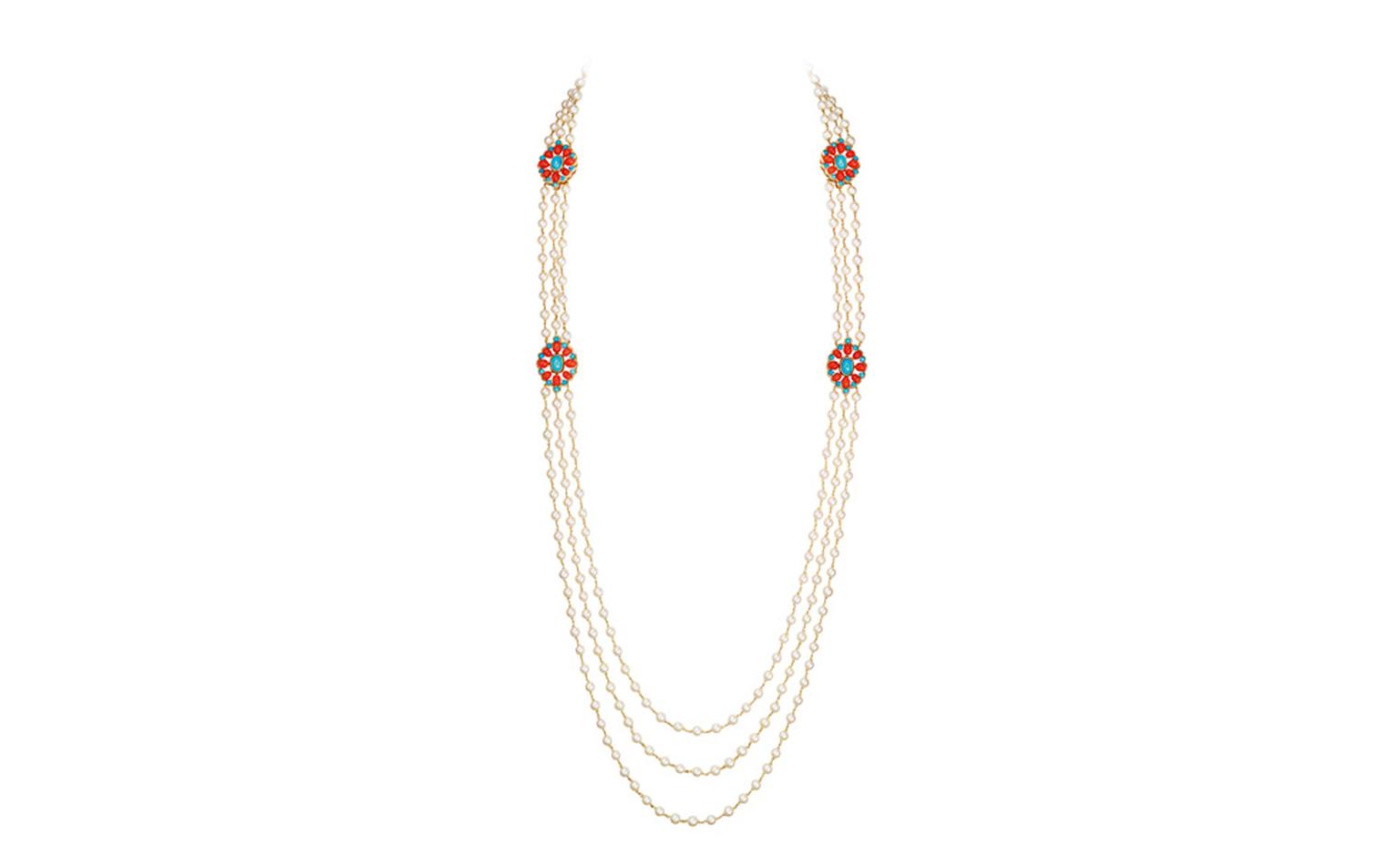 BOUCHERON. Paraggi necklace, set with round cultured pearls, round turquoise and oval red corals, on pink gold. POA