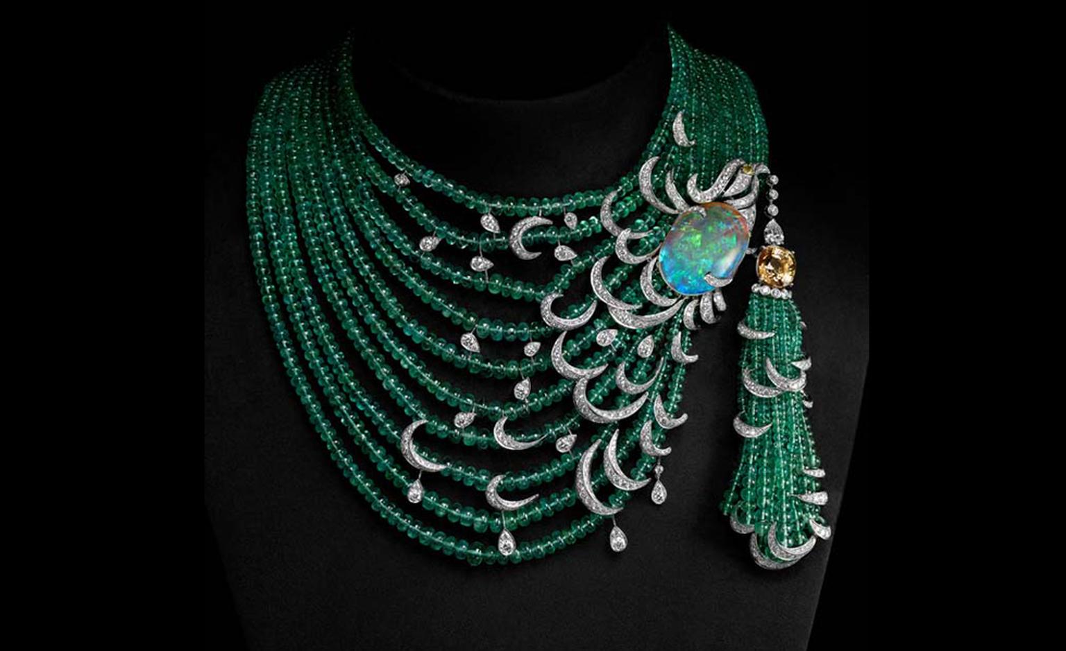 CARTIER. Emerald, opal and diamond necklace with yellow diamond solitaire. POA