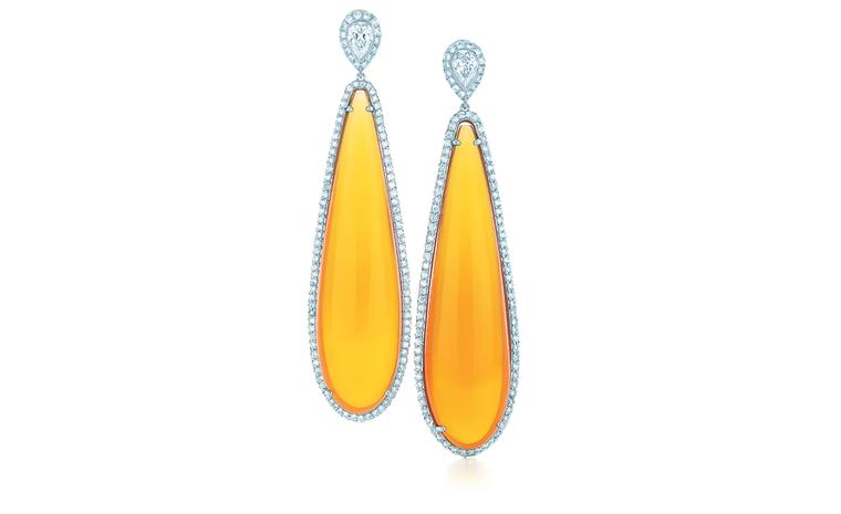 TIFFANY & CO. Fire opal cabochon and diamond earrings in platinum. POA