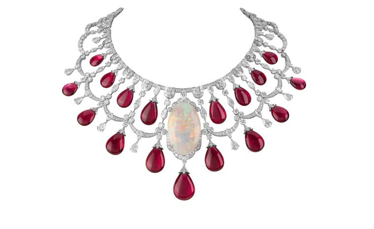 VAN CLEEF & ARPELS. Zanzibar necklace, Les Voyages Extraordinaires High Jewellery Collection, white gold, round diamonds, marquise, baguette-cut and pear-shaped diamonds, 17 rubellite drops. POA