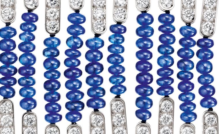 Boucheron Dolce Riviera collection 2011, close up of Beau Rivage bracelet with sapphire beads and diamonds, like light reflecting in the sea.