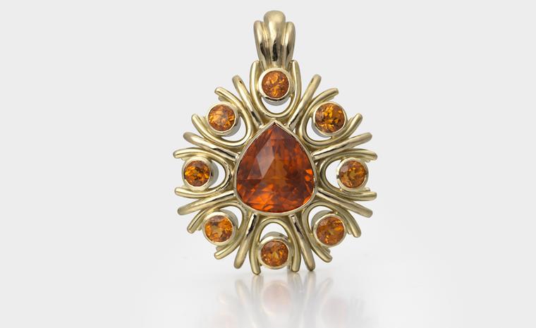 Pendant in 18ct gold set with bright neon mandarin garnets by Jane Sarginson. Price from £17,500