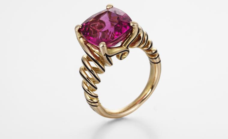 An exquisite pink tourmaline ring set in 18 carat rose gold with black enamel detail by Ming. Price from £6,500