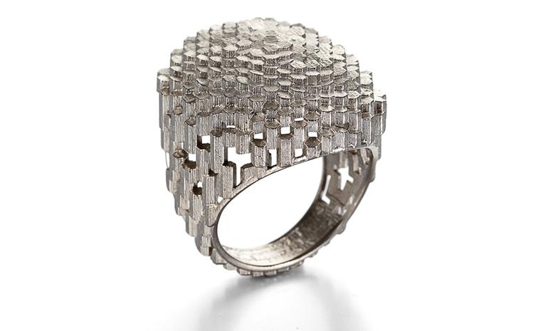 Hex Flat Oval Ring, 18ct white gold ring made of hexagonal block. By Jo Hayes-Ward. Price from £2,600