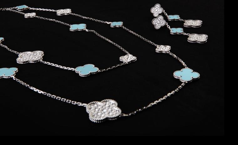 Van Cleef & Arpels:  Limited Edition Princess Charlene Alhambra necklace and earclips, white gold, diamonds and turquoise.  Price from 28 300 €
