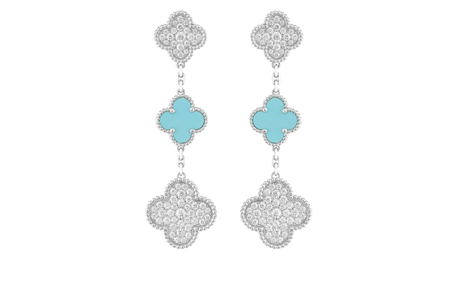 Limited Edition Princess Charlene Alhambra earclips, white gold, diamonds (3.4 cts) and turquoise. Price from 28 300 €