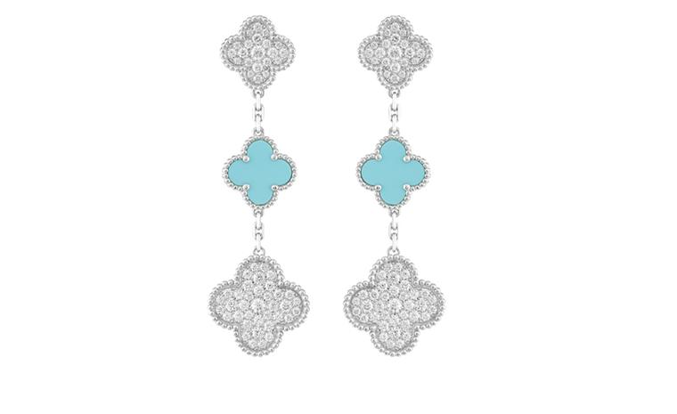 Limited Edition Princess Charlene Alhambra earclips, white gold, diamonds (3.4 cts) and turquoise. Price from 28 300 €